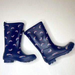 Cat & Jack girls size 1 waterproof rain boots, navy with rainbows.
